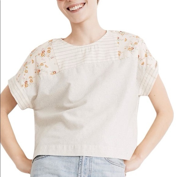 Madewell Tops - Madewell X The New Denim Project White Striped Floral Patchwork Boxy Casual Top